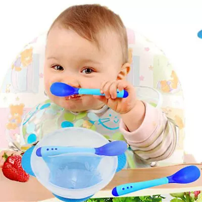 3X/Set Baby Kid Anti Slip Feeding Tableware Suction Food Bowl Fork Sensing Spoon • £3.39