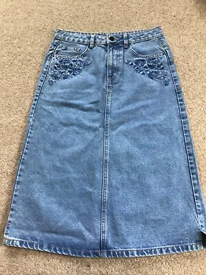 Marks And Spencer Denim Skirt With Blue Embroidery. 100% Cotton . Size 8 • £9.90