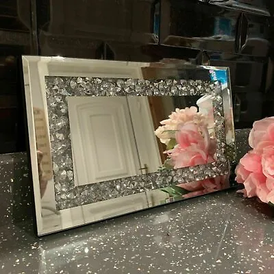 28x17cm CRUSHED JEWEL PLATE DIAMANTE MIRROR CANDLE PLATE MIRRORED TRAY PLATE • £10.99