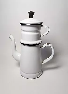 Vintage Enamelware Coffee Tea Pot French Drip White Black Trim 3 Piece 9.5” • $14.99