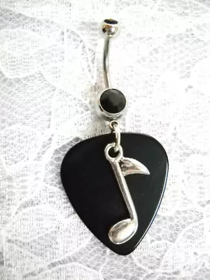 BLACK GUITAR PICK & ALLOY MUSIC NOTE On 14g BLACK CZ BELLY RING BARBELL • $5.99