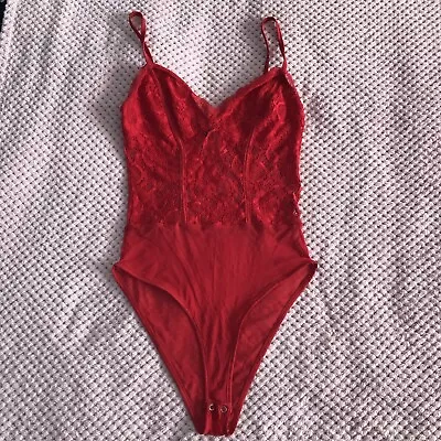 Womens Red Lace Lacy Top Sheer Bodice Corset Size 10 New Look Mesh B Cup • £3.50