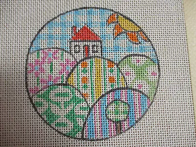 Vintage Handpainted Needlepoint Canvas Round Easter Egg Ornament Gingham • $14