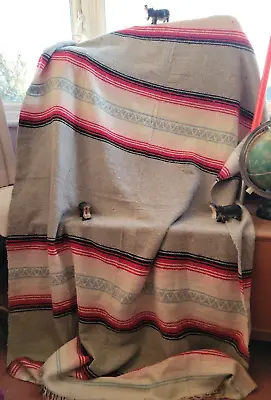 Vintage 50s Mexican Saltillo Grey Rug Aztec Vibrant Handmade Wool Throw Blanket • £144
