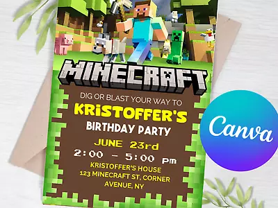 Minecraft Digital Invitation For Birthday Party Card Editable In Canva • $5