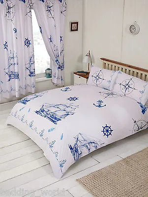 Nautical Blue Bedding Or Curtains White Ship Boat Anchor Lighthouse Compass Rope • £25.99
