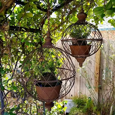 Antique Style Metal Wire Hanging Orb Planter Cages Set Of 2 • $179.95