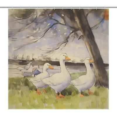 Rustic Goose Farm Pond Waterproof Bathroom Shower Curtain Grass Reeds Design • £22.78