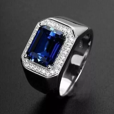 14K White Gold Plated 2Ct Emerald Lab Created Blue Sapphire Men's Wedding Ring • $160.99