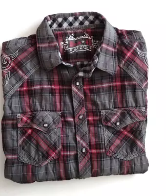 Rock 47 Button Down Pearl Snap Shirt Red Gray Rock Print On Shoulder Men Size XL • $20.95