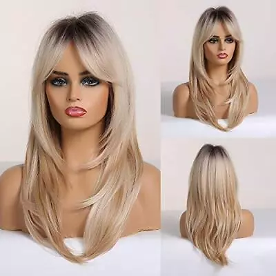 Long Blonde Layered Synthetic Hair Wigs For Women With Dark Roots Heat Resistant • £32.10