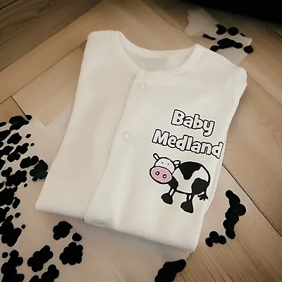 Unisex PERSONALISED Baby Cow Print Babygrow Sleepsuit Baby Shower Gift New Baby • £10.99