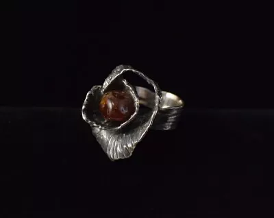 VTG Fire Agate Brutalist Modernist MCM Sterling Silver  Flower Ring Sz 9 • $99.99