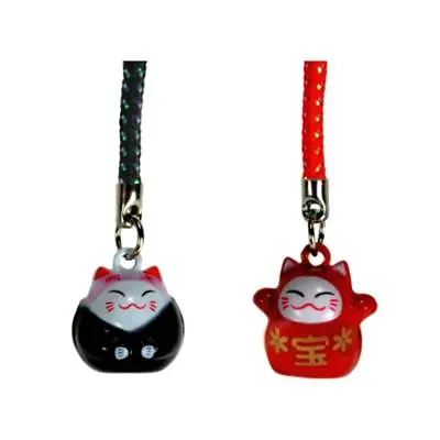 SET OF 2 LUCKY CAT BELL CHARM Red Black Maneki Neko Mobile Cell Phone Strap NEW • $8.95