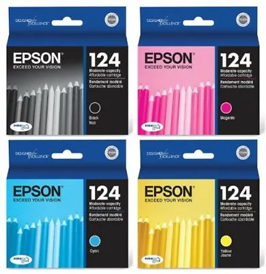 SET Of 4 New Genuine Factory Sealed Epson 124 Inkjet Cartridges KCMY 2023 • $23