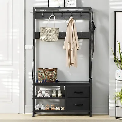 Entryway Bench With Coat Rack 71  Hall Tree Shoe Storage Drawers 4 In 1 Black • $84.99