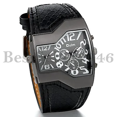 Mens Large Face Dual Time Quartz Analog Wide Leather Wrist Military Sport Watch • $18.99