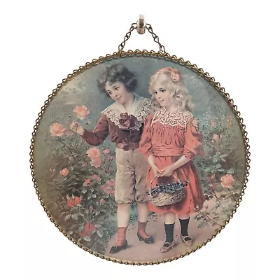 Vintage Flue Cover Victorian Style Girl Boy In Rose Garden Glass Chain Border 9” • $15