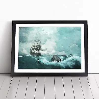 Pirate Ship Sailing Upon A Stormy Sea Seascape Wall Art Print Framed Picture • £24.95