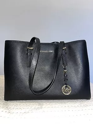 Michael Kors Jet Set Black Saffiano Leather Large Travel Tote Handbag MSRP $278 • $145