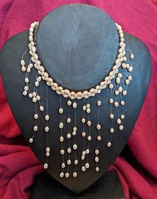 Beautiful Natural Freshwater Pearl Floating Illusion Pearl Fringe Necklace 17   • £75