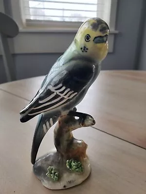 Vintage Ucagco Ceramics Japan Parakeet Figurine Green Bird On Branch Excellent • $15