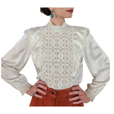 Vintage 80s Cream Blouse Neo Edwardian Lacy Shirt Long Sleeved Button Back • £43.79