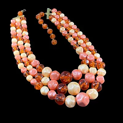 VTG 3 Strand Plastic Beaded Necklace Orange Cream Coral Goldtone Metal 12 In Ext • $14.95