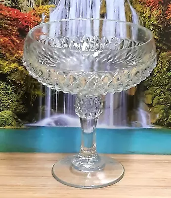 Vintage Indiana Glass Clear Diamond Cut Pedestal Compote Candy Dish • $20