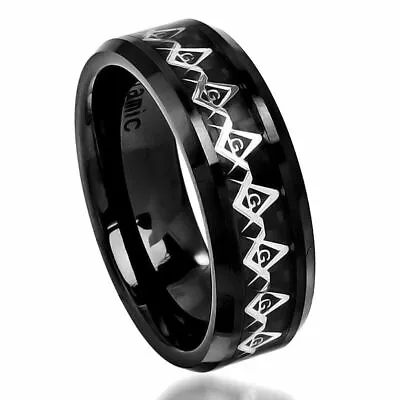 Free Engraving - Ceramic Masonic Symbol Carbon Fiber Inlay Wedding Band Ring • $22.46