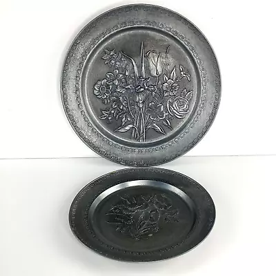 VTG Decorative Wall Plates 2 Silver Metal Embossed Floral Round Home Decoration • $27.98