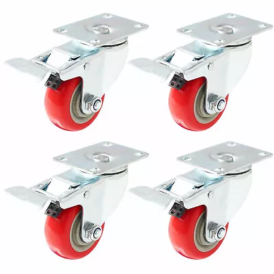 4 Pack 3  Caster Wheels Swivel Plate Total Lock Brake Red Polyurethane PU • $24.99