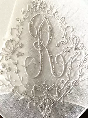 Fabulous Vintage White Linen MADEIRA HANKY W/Monogram “R” ~ Wedding • $8