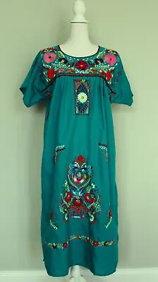 Handmade Mexico Embroidered Floral Teal House Dress Mexican Mumu Midi Fits L XL • $49.99