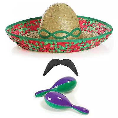 Mexican Fancy Dress Costume Sombrero Maracas Tache Mens Mexico Stag Party Outfit • £7.99