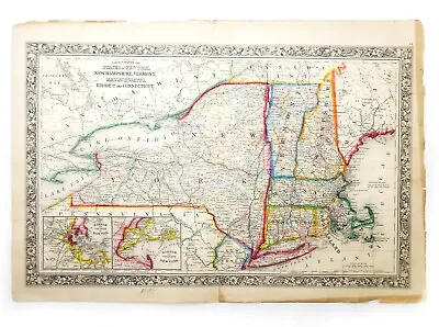 Mid-19th C Antique 1860 Hand Colored New England Map By S. Augustus Mitchell Jr. • $287.50