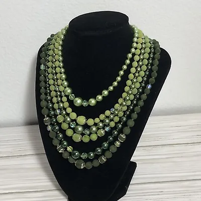 Vintage Multi Strand Necklace Green Gold Tone Beaded Choker Collar Signed Japan • $20