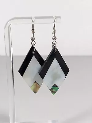 Vintage Abalone Shell MOP Diamond Shape Lucite Dangle Hook Earrings • $5.59