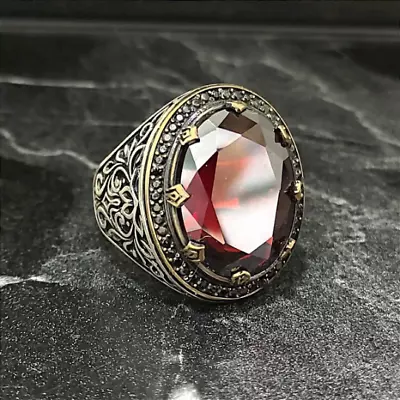 Men Silver Red Garnet Gemstone Ring  Silver Shiny Red Stone Ring  Floral Style • $55