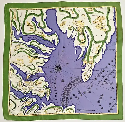 Vintage Scarf Map Of Chesapeak Bay 23  Square Acetate Made In Japan Green Purple • $29.99