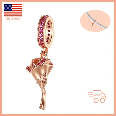 Authentic Rose Gold Flower Dangle Charm 925 Sterling Silver For Charm Bracelets • $19.99