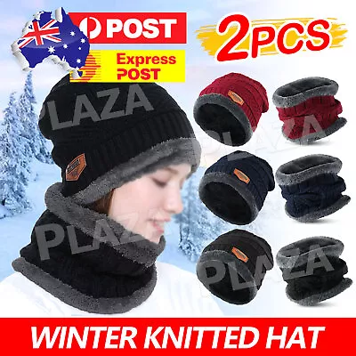 Winter Knitted Hat Men Fur Women Neck Warm Chunky Beanie Fleece Ski Cap AU • $8.95