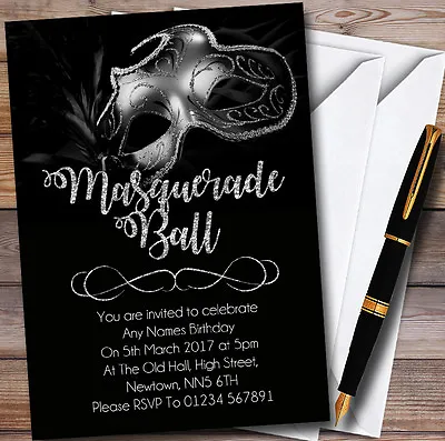 Silver Glitter Mask Masquerade Ball Personalised Party Invitations • £89.95