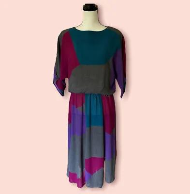 Vintage 80s Kono Teal Purple Gray Fuchsia Colorblock Office Day Dress L XL • $34.20