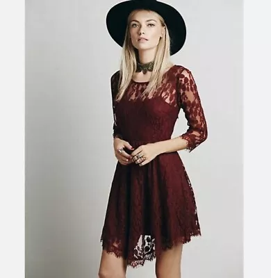 FREE PEOPLE 4 Floral Mesh Lace Dress 3/4 Sleeve Lined Burgundy Asymmetric Skater • $19.54