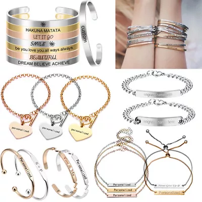 £3.24 • Buy Personalized Stainless Steel Custom Letter Name Engraved Bracelet Cuff Gifts Lot