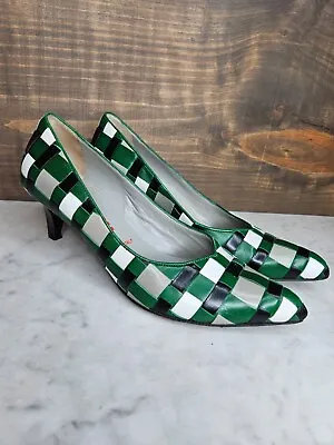 Miu Miu Leather Woven Pumps Heels Shoes Size 37.5 Rare Green Black White • $189