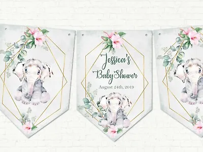 Personalised Cute Elephant Baby Shower Party Bunting/Banner & Ribbon - 8 Flags • £6.99
