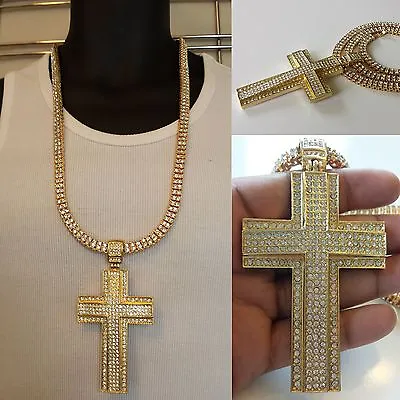 Mens 14K Yellow Gold Finish Cross W/ 2 ROW Lab Diamonds Chain Necklace • $21.49