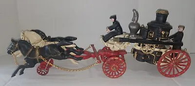 Vintage Cast Iron Firemen 3 Horse Drawn Pumper Wagon 21  X 6-3/4  X 8  • $64.99